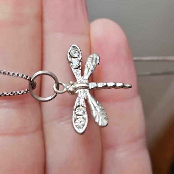 925 Vintage Sterling Silver Dragonfly Pendant Necklace With Rhinestones - Picture 4 of 5